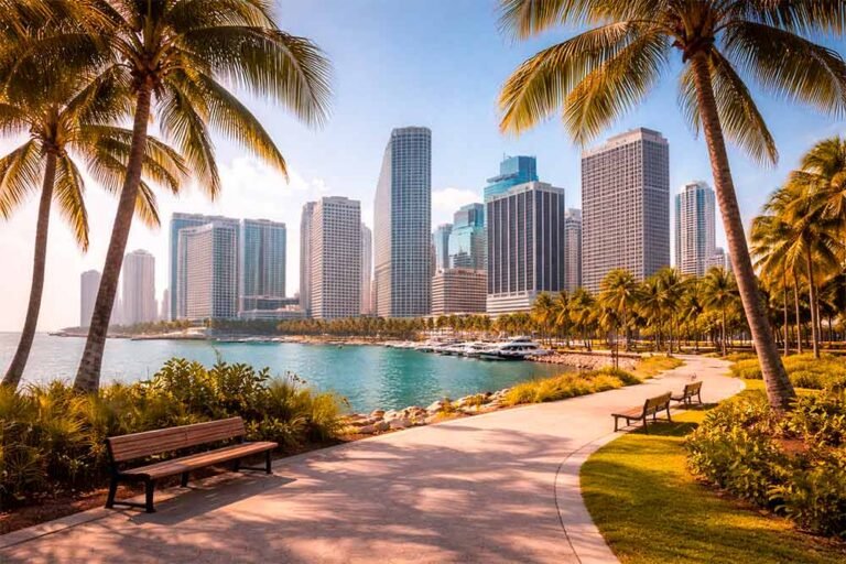 Downtown Miami skyline seen from Bayfront Park with waterfront and palm trees