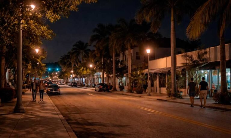 Calm Miami street at night with normal pedestrian activity