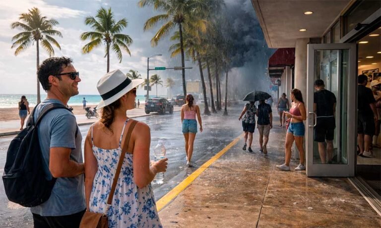 Tourists facing sudden Miami storm and heat contrast