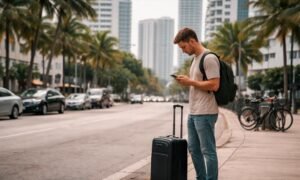 Traveler waiting for ride in Miami without a car