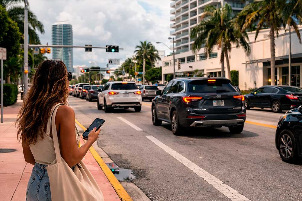 Calling an Uber on a Miami street with traffic