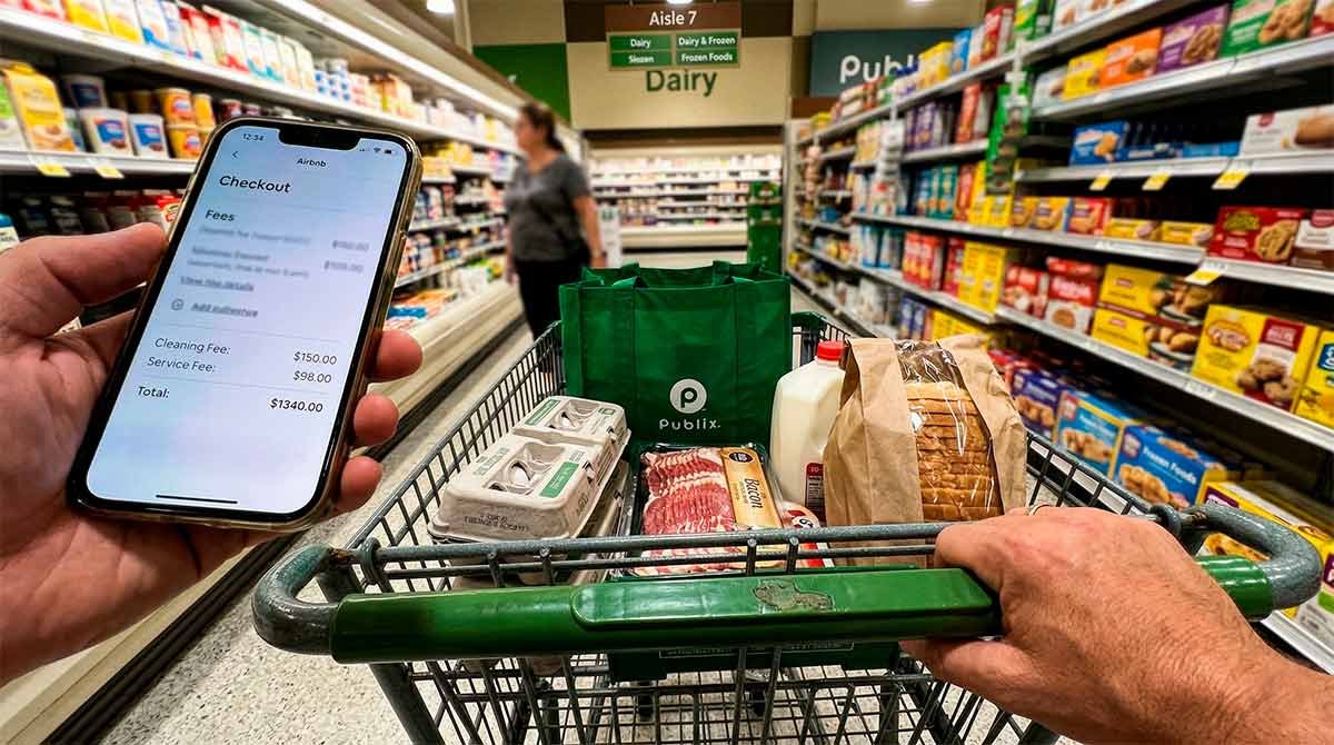 A tourist compares expensive Airbnb checkout fees on their phone against grocery costs in a Miami supermarket to plan a travel budget.