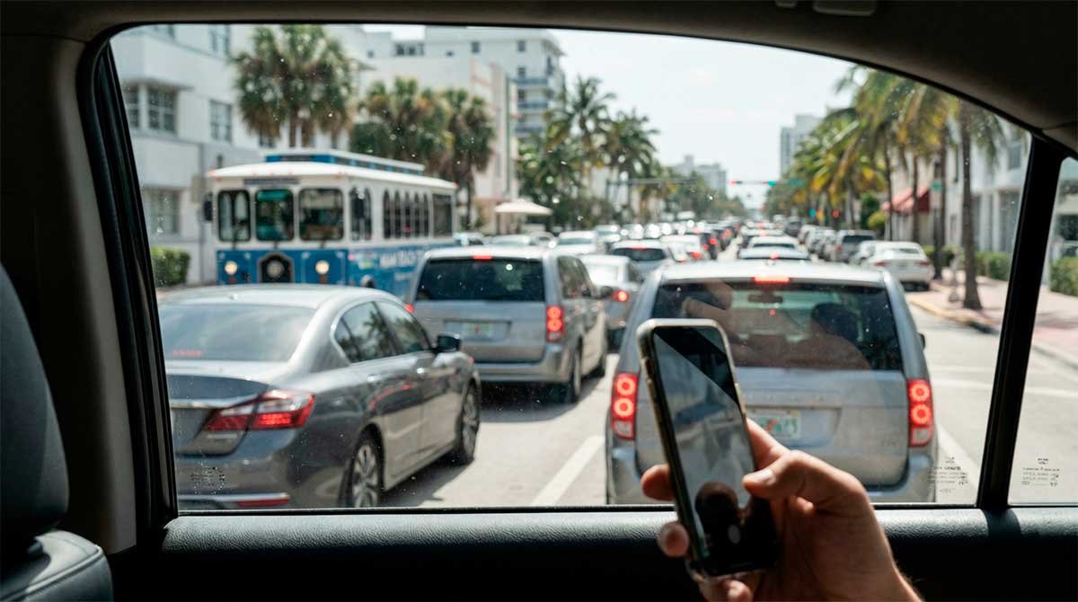 Real view of being stuck in South Beach traffic in a rideshare.