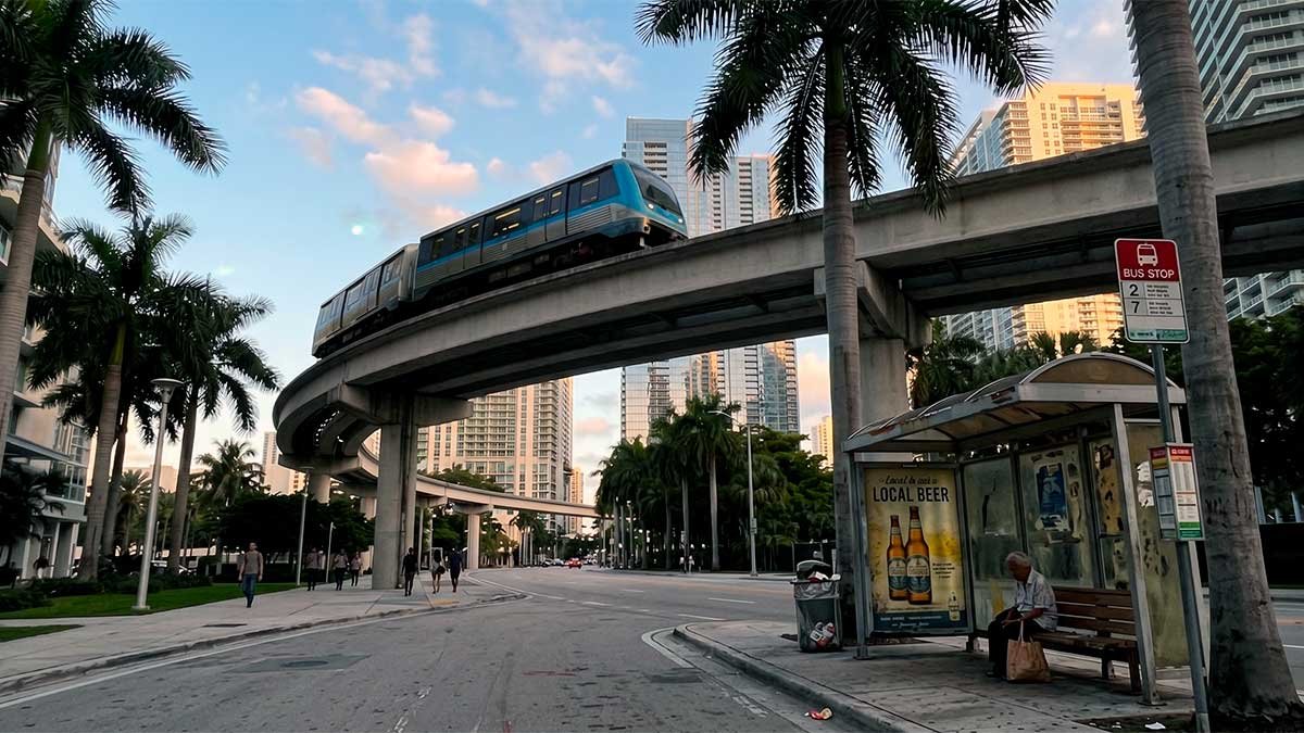 Tactical view of Miami public transport including the Metrorail and a bus stop for car-free travelers.