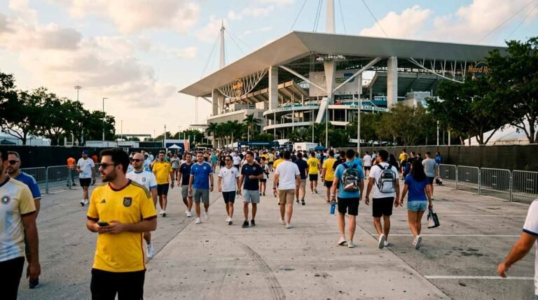 Global football fans navigating the sprawling infrastructure and pedestrian bottlenecks outside Hard Rock Stadium on a humid event matchday.