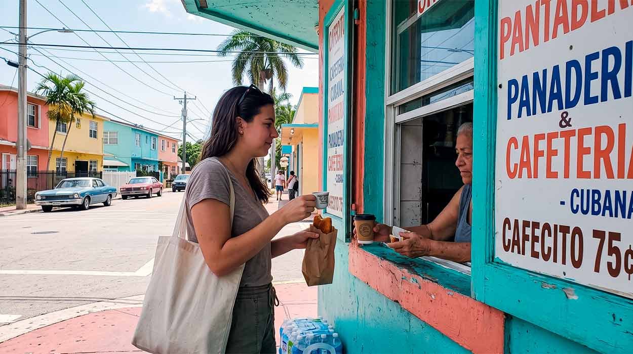 A tourist ordering an authentic cheap cuban coffee at a local ventanita window in Miami.