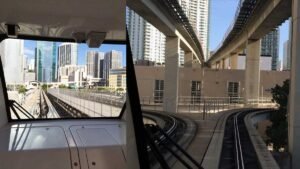 Bypassing Brickell gridlock using the elevated Miami Metromover front window view hack.