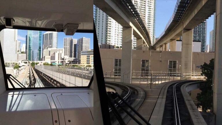 Bypassing Brickell gridlock using the elevated Miami Metromover front window view hack.