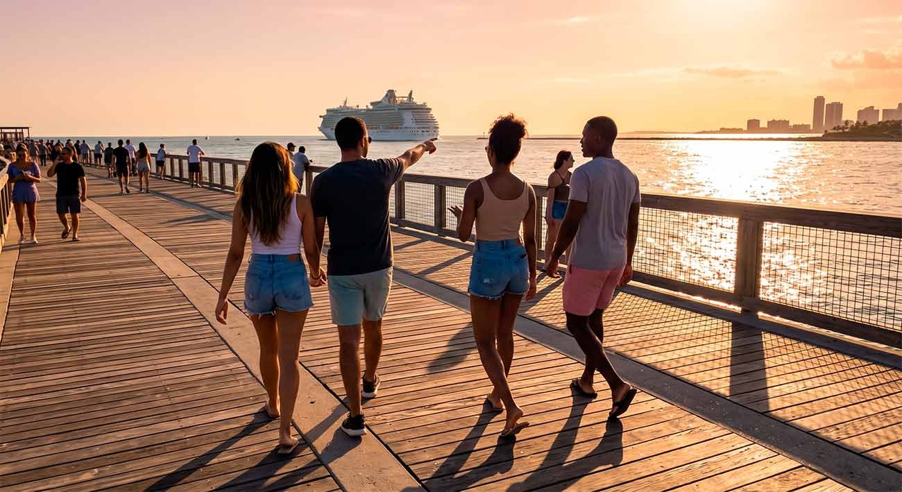 Exploring South Pointe Park Pier for zero-dollar waterfront views of cruise ships in Miami.