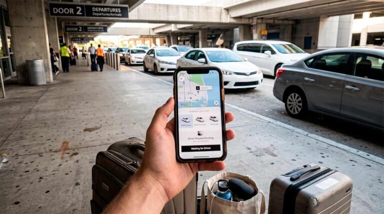 Evaluating real-time Uber and Lyft pricing and pickup wait times at the Miami International Airport curbside.